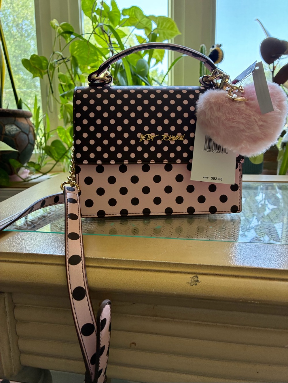 Betsey Johnson Pink and Black Polka Dot Top-Handle Crossbody with Pom Charm